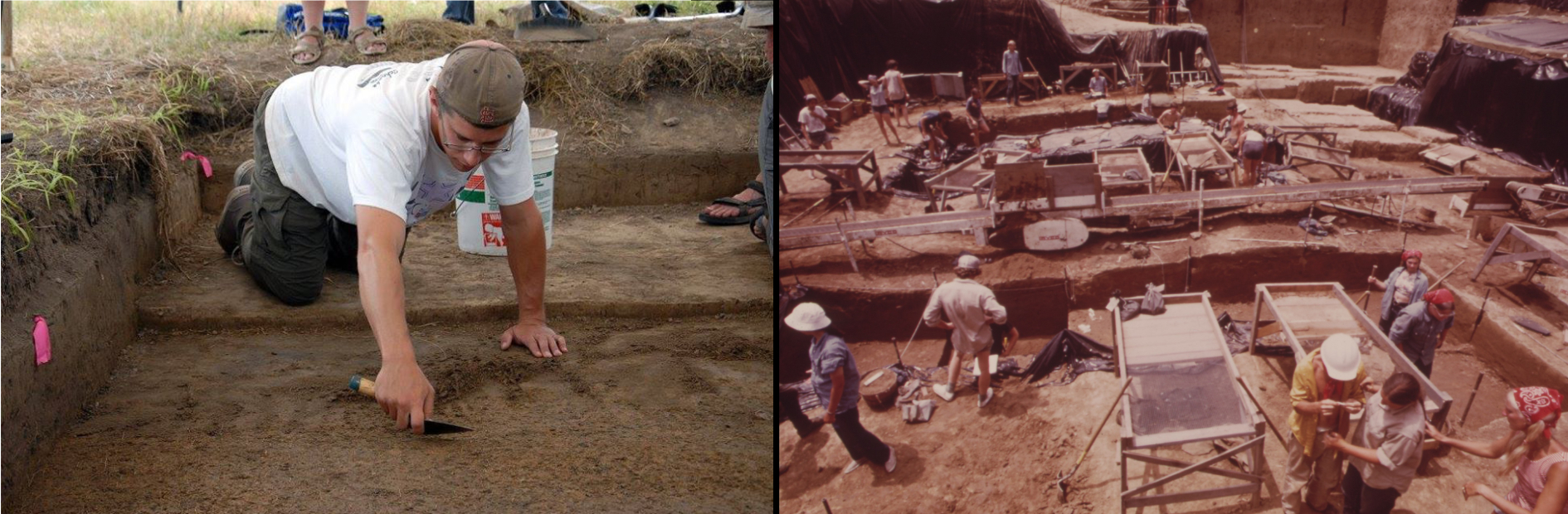 grad student wearing white using a trowel to excavate and snapshot of large excavation with many archaeologists working