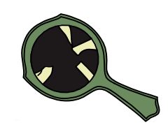Drawing of black and green hand mirror with long handle and broken glass